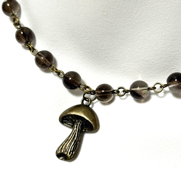 Natural Smoky Quartz Short Necklace, Genuine Gemstone + Bronze Slim Mushroom - Picture 1 of 14